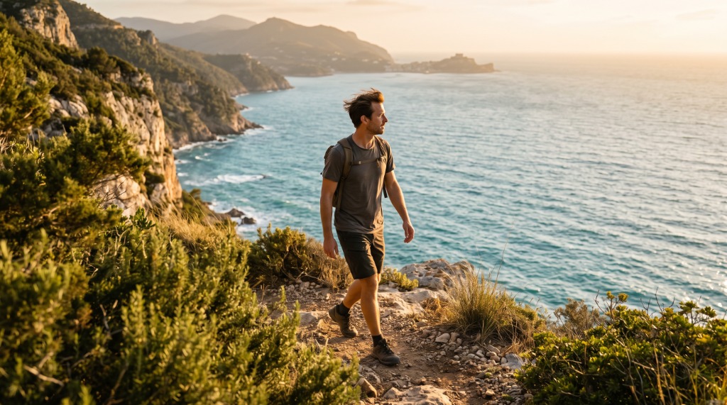 Uomo in escursione lungo la costa mediterranea al tramonto