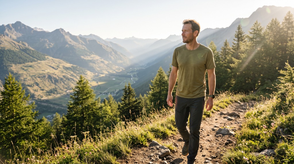 Uomo in cammino su sentiero montano immerso nel sole