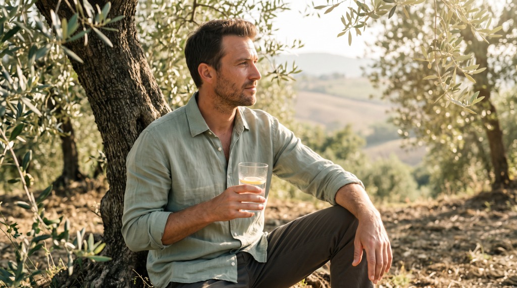 Uomo che beve acqua fresca sotto un ulivo al sole