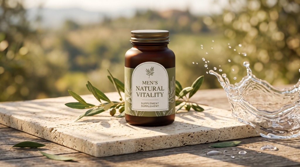 Integratore Naturale VigoreMaschile su pietra tra foglie d'olivo e spruzzi d'acqua pura